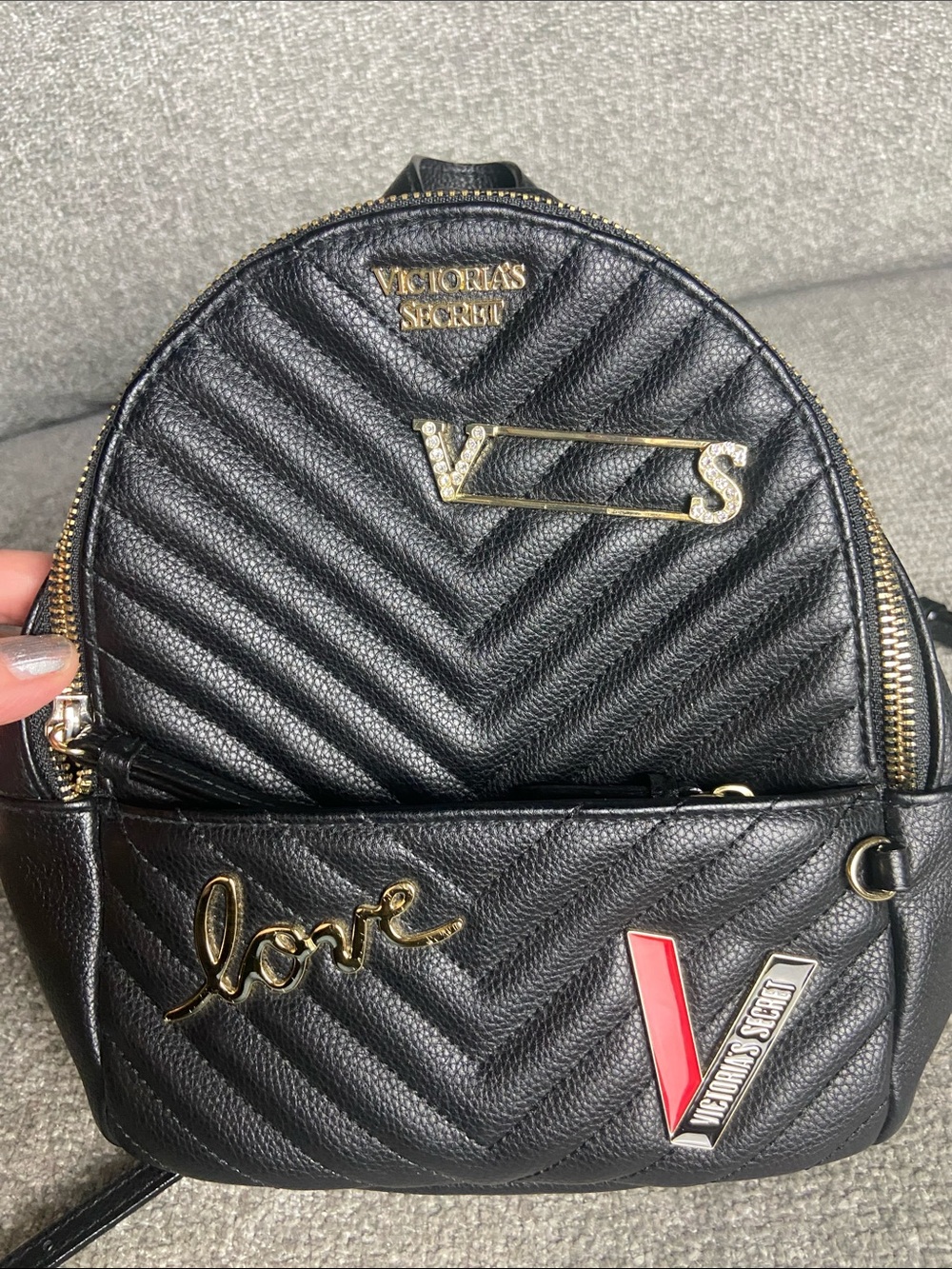 Victoria's Secret Black Quilted Mini Backpack with Gold Accents and Red Detail - Picture 10 of 10